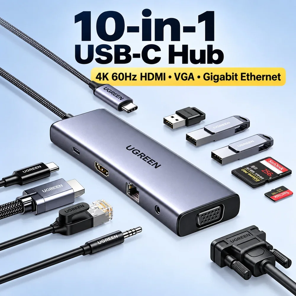 UGREEN CM498 25043 10-in-1 USB-C Hub, 4K 60Hz HDMI, VGA, Gigabit Ethernet, 3 USB 3.0, SD/TF, 100W PD, 3.5mm Audio