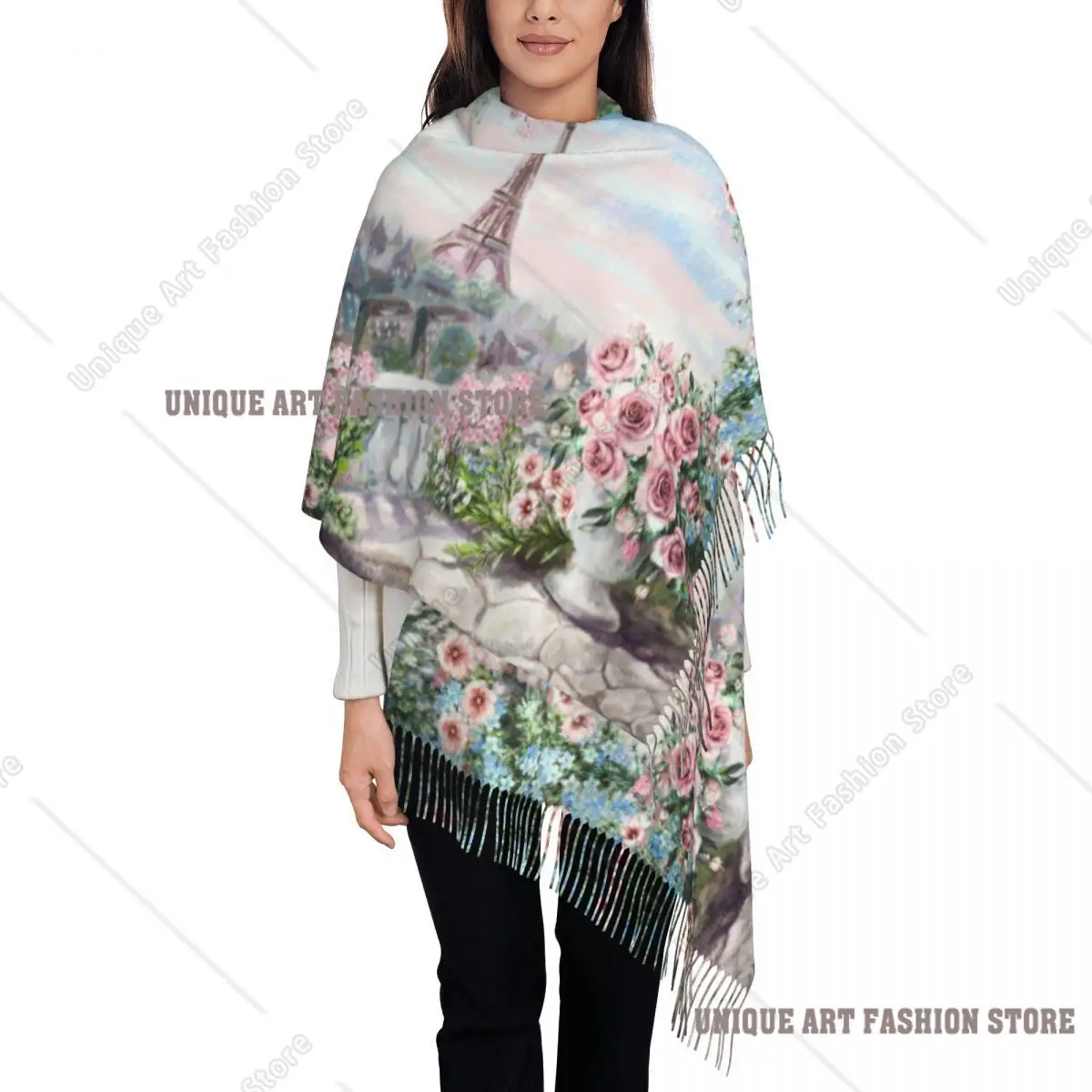 Oil Painting France Paris Eiffel Tower Shawl Wraps Women Warm Large Long Scarf Watercolor Flower Rose Pashmina Tassel Scarves