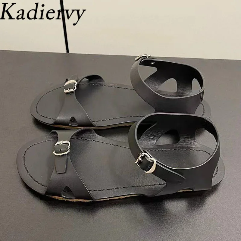 

2024 New Flat Sandals Women Genuine Leather Metal Buckle Summer Shoes Woman Casual Holiday Sandals Comfort Sandalias Mujer