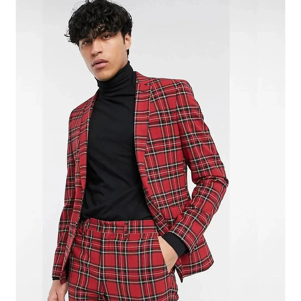 

Fashion Red Plaid Suit For Men Single Breasted Notch Lapel 2 Piece Jacket Pants Costume Homme Daily Party Prom Full Set