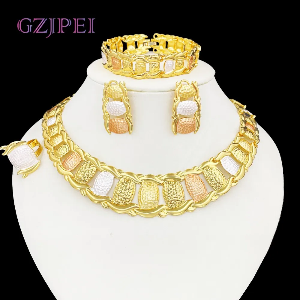 

GZJPEI 4Pcs Design Color Hollow Out Jewelry Set 18K Gold Plated Necklace Bracelet Stud Earring Ring Fashion Dubai Nigeria Gift