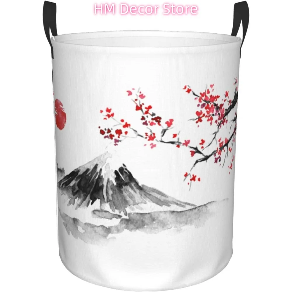 Laundry Basket,Mount Fuji,Cherry Blossoms and Sunset Bathroom Organizer Basket Waterproof Foldable Cloth Hamper with Lining for