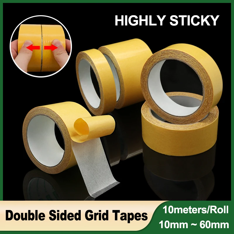 

Length 10meters/roll Double Sided Cloth Base Grid Tapes High Viscosity Traceless Waterproof Carpet Adhesive Fiber Gummed Tape