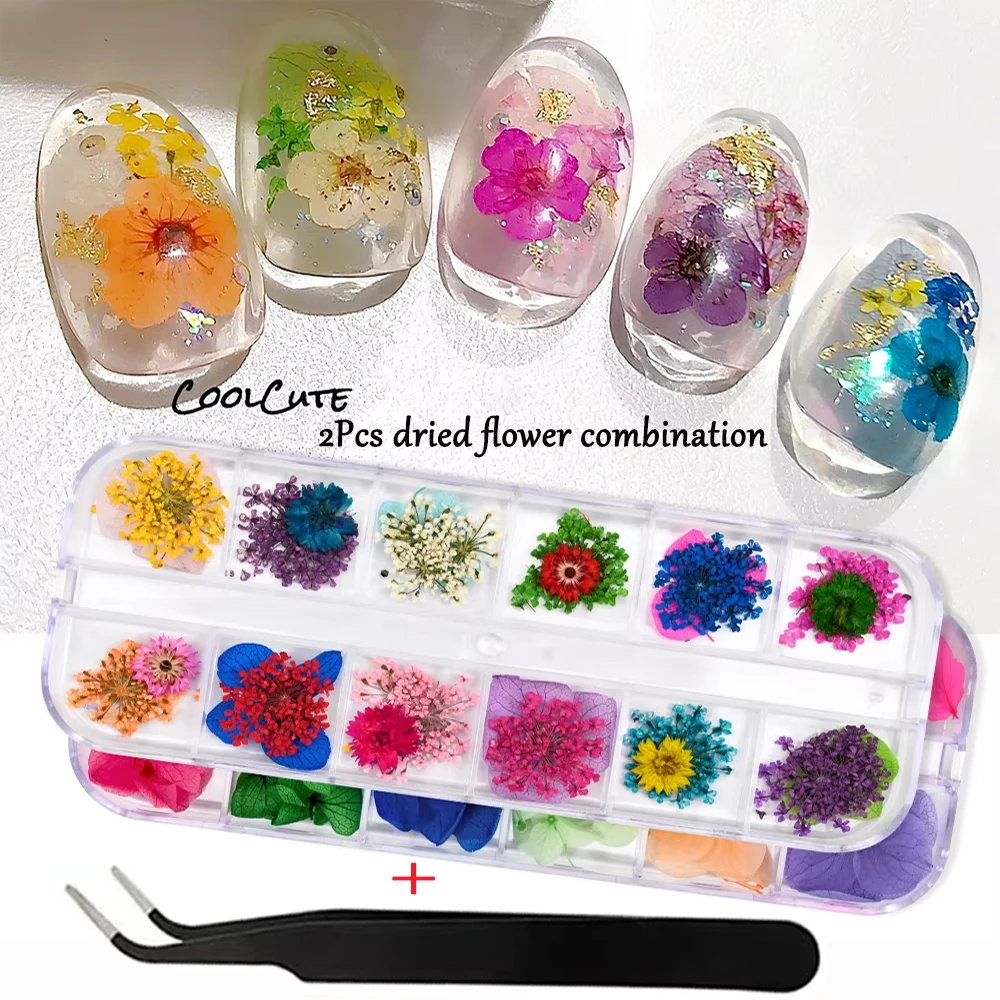 24Grids/Box Nail Art Dried Flower Accessories 3D Mini Fresh Mixed Color Petals Natural Flowers Nail Decals Valentine Nail Decor