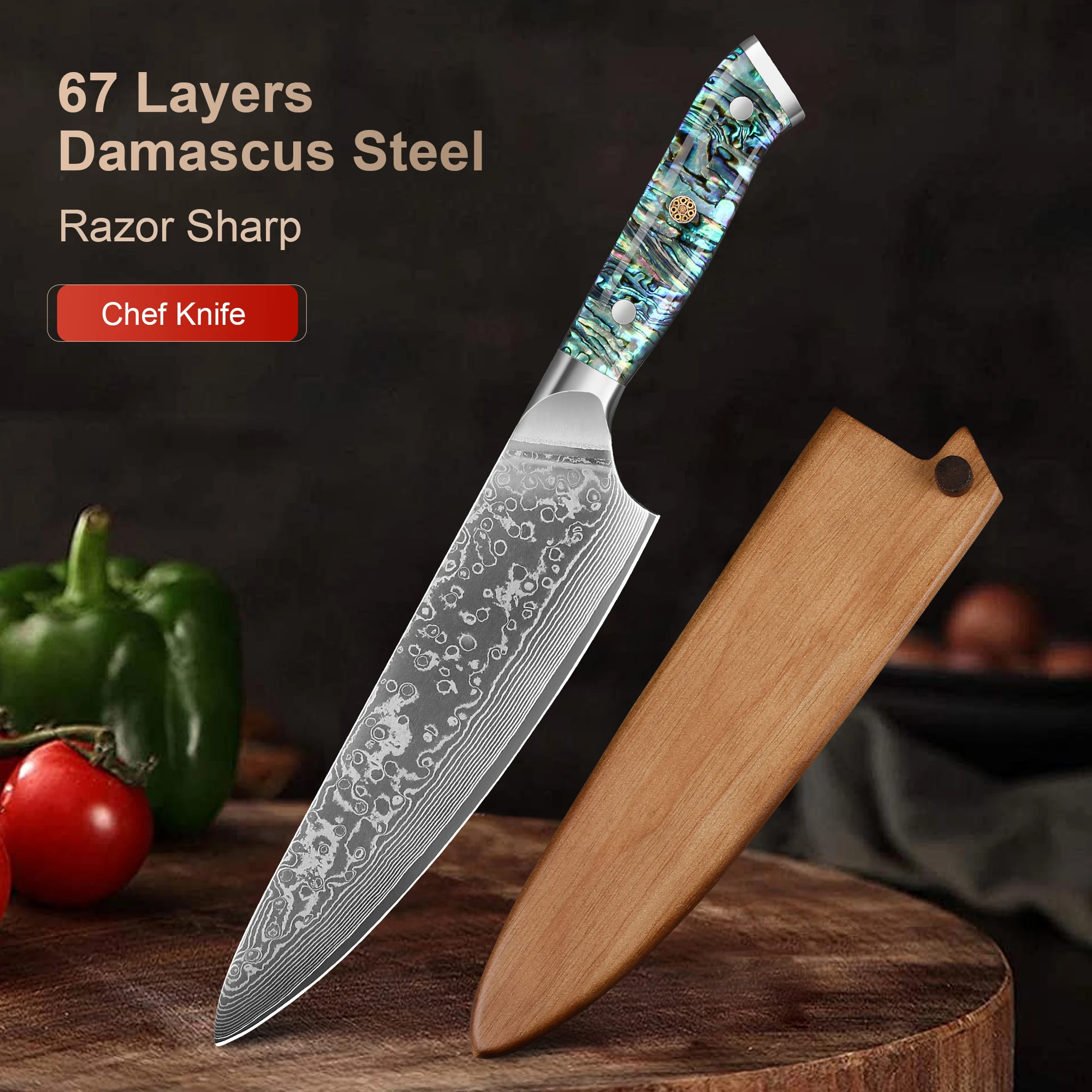 8-inch Professional Chef's Knife 67 Layer Damascus Steel VG10 Steel Core Super Sharp Meat Cleaver Abalone Shell Handle