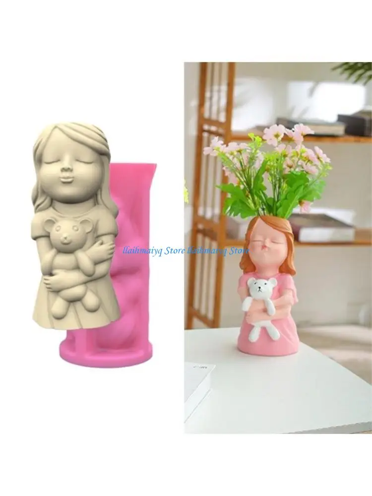 573B Silicone Flowerpot Mold Concrete Molds Bear Girl Shaped DIY Vase Mold for Craft