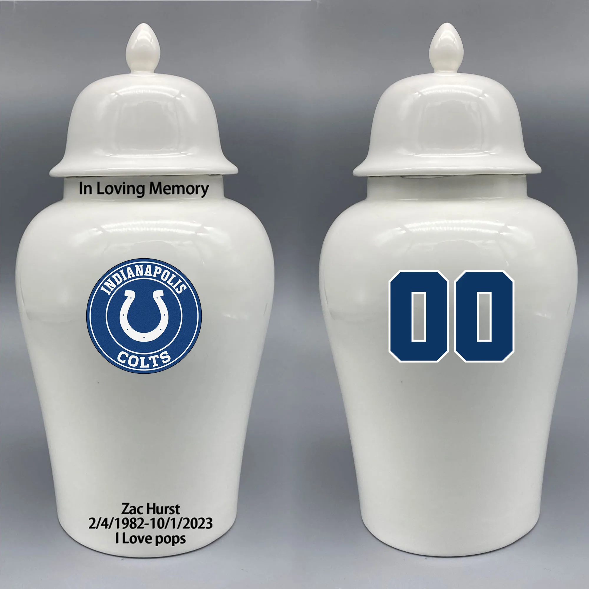 

Large Urn for Indianapolis Colts-themed Logo Urn.Please send me the customize information-name/date and number on the urn