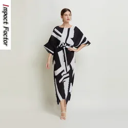 Miyake Summer Korean Version Pleated Round Neck Seven-quarter Sleeve Pattern Printed Lace-up High Waist Slim Dress Women
