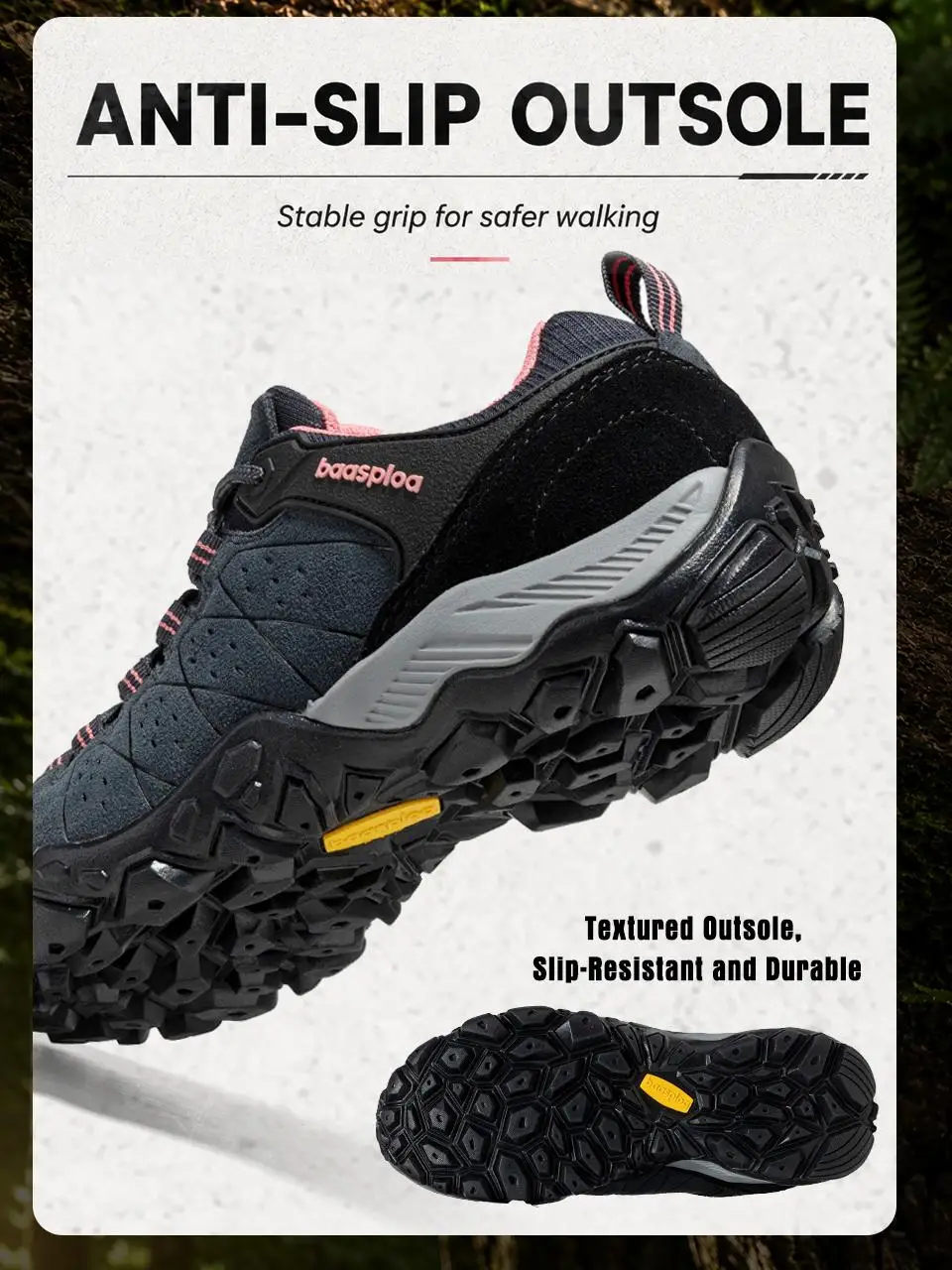 Baasploa Damen-Wanderschuhe, Wildleder, wasserdicht, Trekking-Sneaker, Damen-Sneaker, bequem, rutschfest, verschleißfest, Outdoor-Sneaker – Detail 6