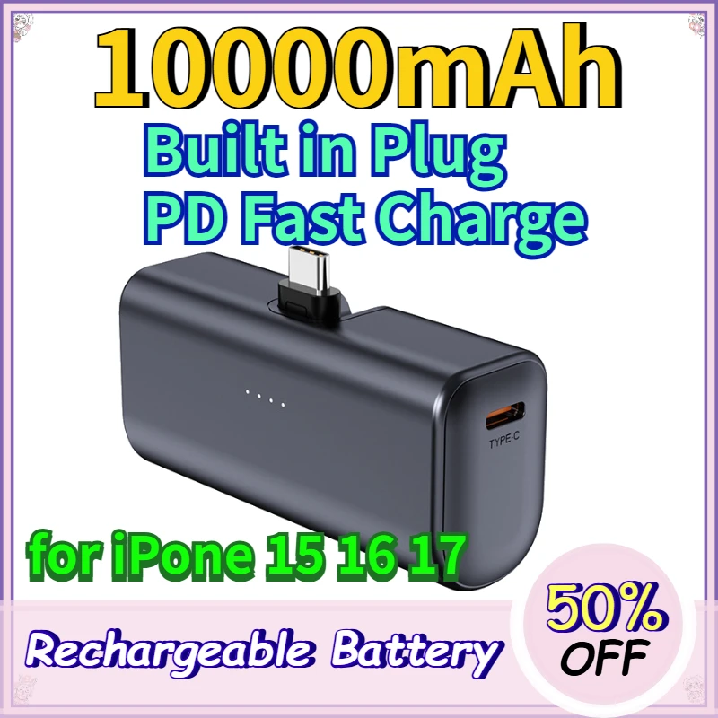 10000mAh PD Power Bank Built in Foldable Wall Plug Fast Charging Compact Capsule Design Portable Battery for IPone 15 16 17