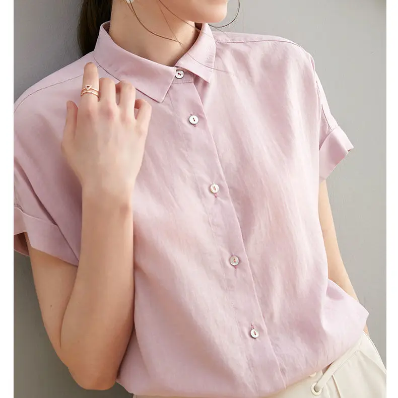 New Thin Summer linen Women's Simple Casual Button Shirts Solid Short 2024 Sleeve Occupational leisure Top  S-2Xl Z858