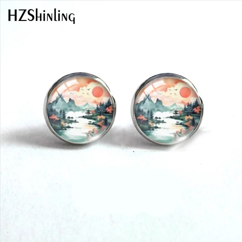 2023 New Sunny Landscape Stud Earring Sunset Round Earrings Handmade Glass Dome Photo Printed Jewelry Gifts