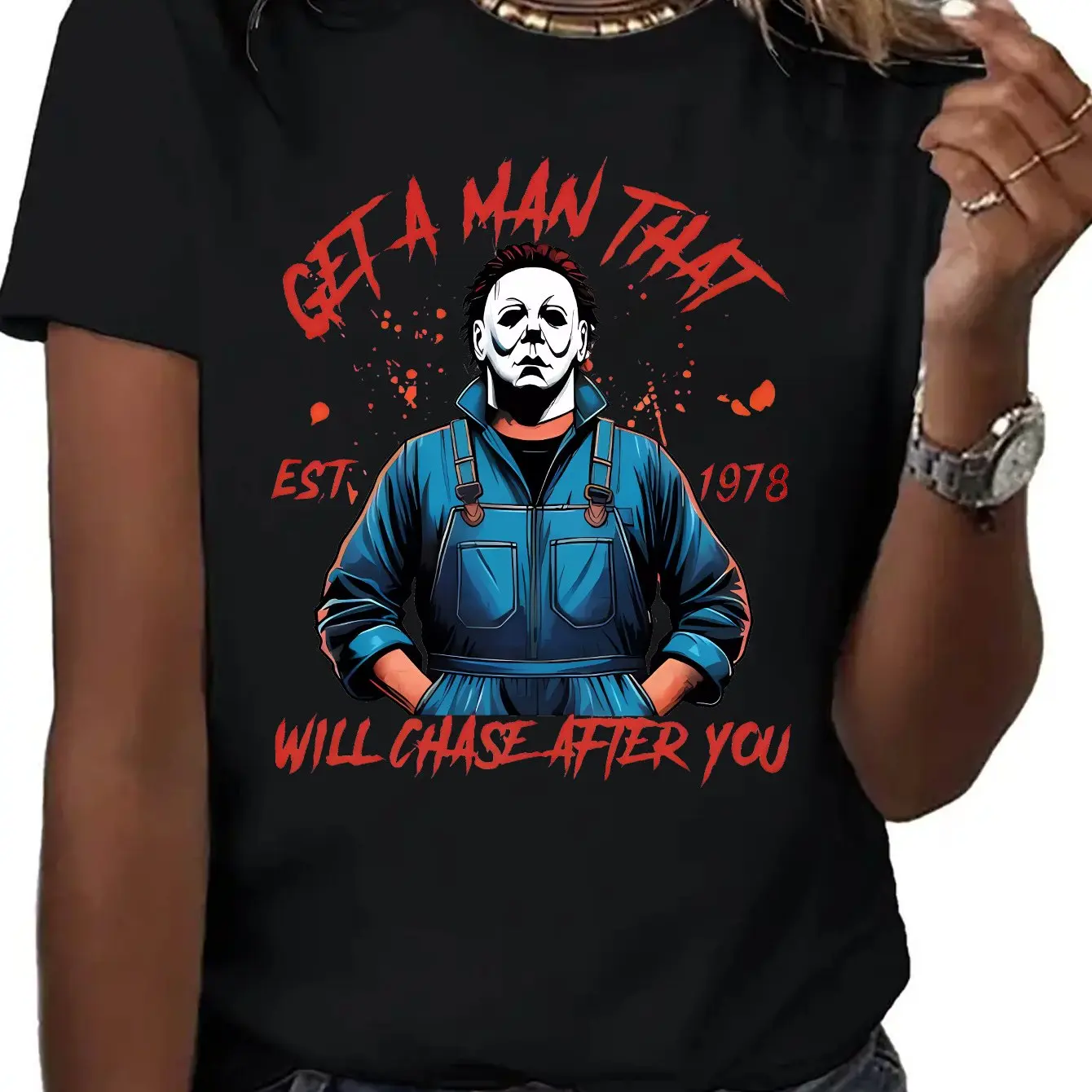 

Women's Casual Pattern T-Shirt Halloween Horror Theme Printed with "GET A for Man THAT" and "EST 1978" Halloween Crew Neck Top