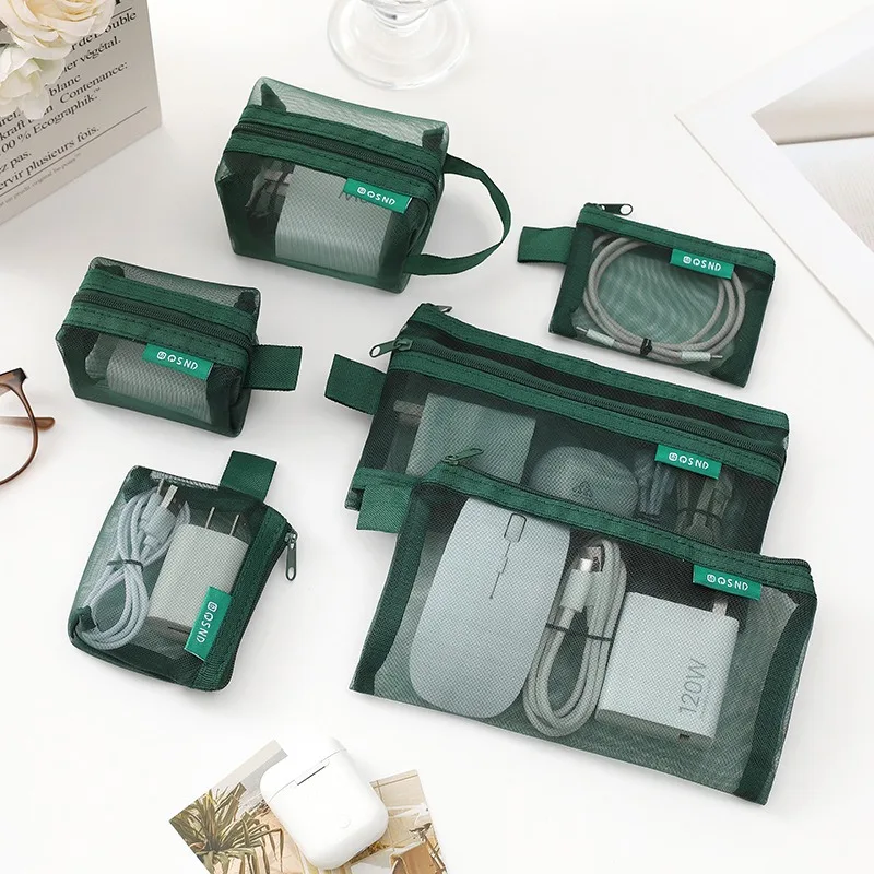 6pcs Transparent Mesh Storage Pouch Data Cables Digital Accessories Loose Change Cards Keys Earphones Chargers Storage Bag