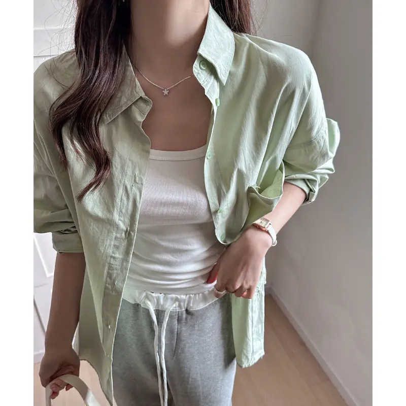 Women's Long Sleeve Shirt Loose Fit Draped Style Lightweight Muffler Blue Casual Outerwear Open Cardigan Top Thin Model