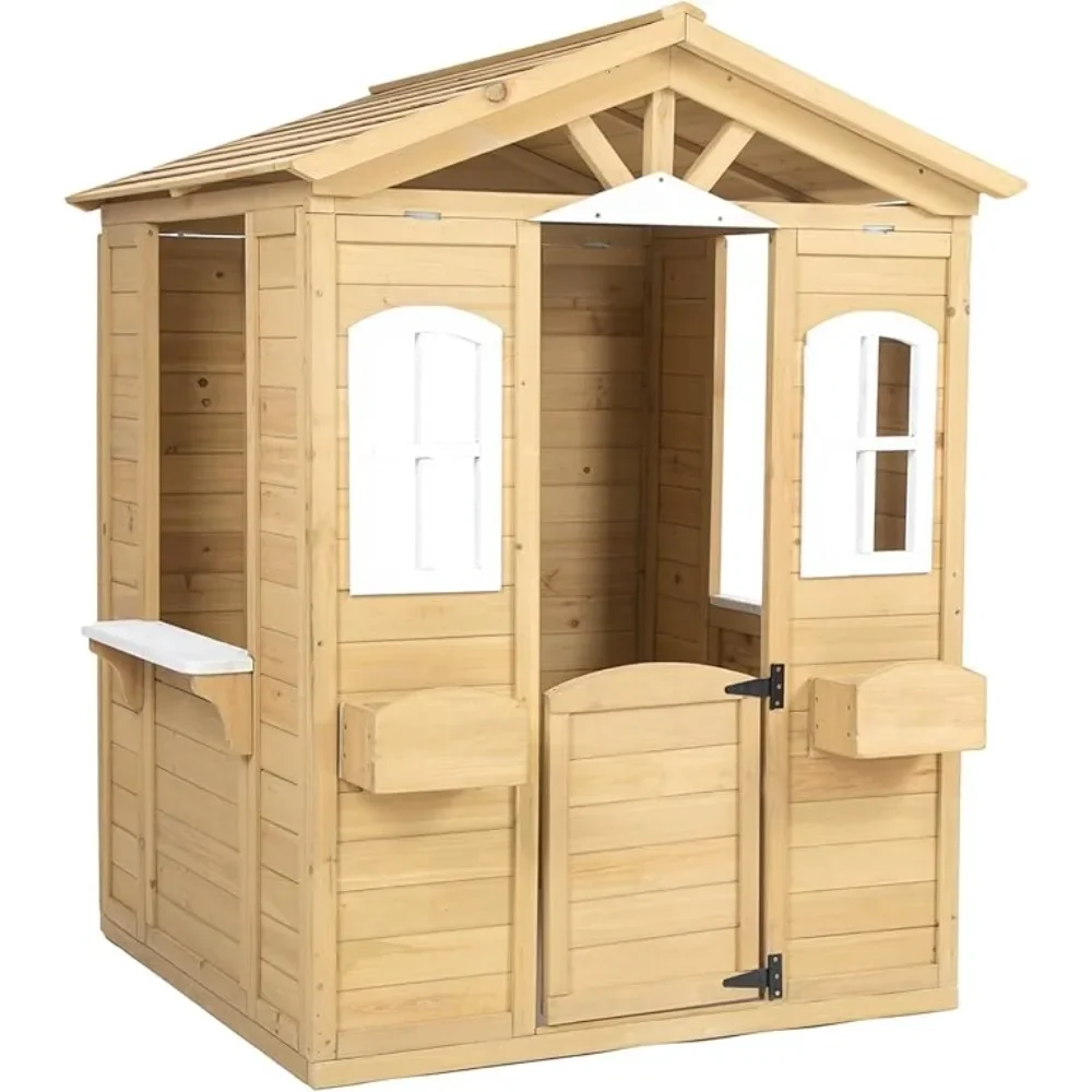 

Playhouses, Outdoor Playhouse for Age 3-6 Years Boys Girls,Wood Cottage Playhouse w/Mailbox Bench Door Windows Flowerpot Holders