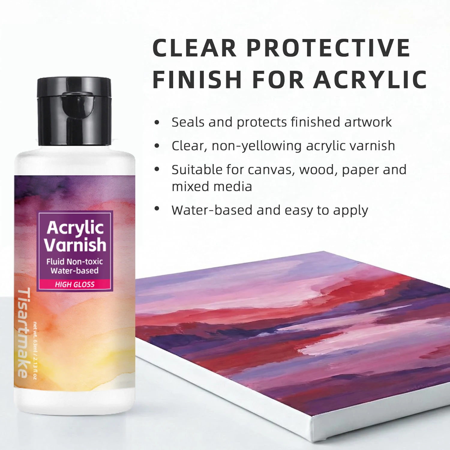 Barniz Brillante para Pintura Acrílica, Barniz Acrílico, Anti-Amarilleo, Anti-Rayaduras, Acabado de Alto Brillo, Capa Transparente para Obras de Arte