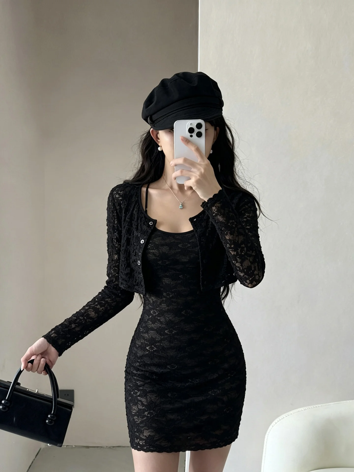 Sexy Lace Open Cardigan And Strap Dress Set for Women Short Skirt Black Early Autumn Fashion Two-Piece Suit round Neck Long S...