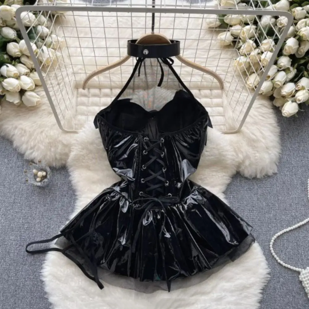 

Готическое кожаное платье с лямкой на шее в стиле пикантной девушки, ночная рубашка на шнуровке с открытой спиной, косплей, юбка трапециевидной формы на Хэллоуин, счастливый Хэллоуин