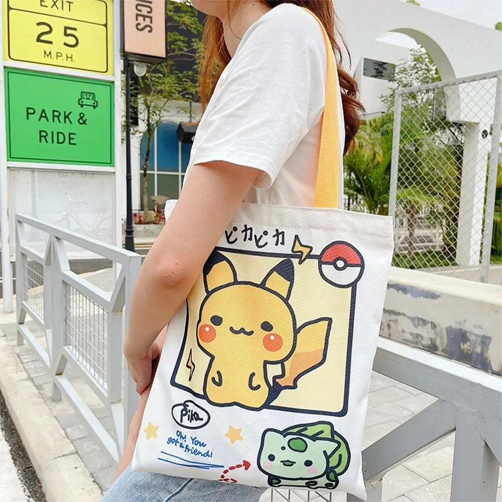 Anime Pokemon Pikachu Canvas Tote Pouch Cartoon Psyduck Portable Casual Fashion Handbag Women Large Capacity Shopping Bag Gifts
