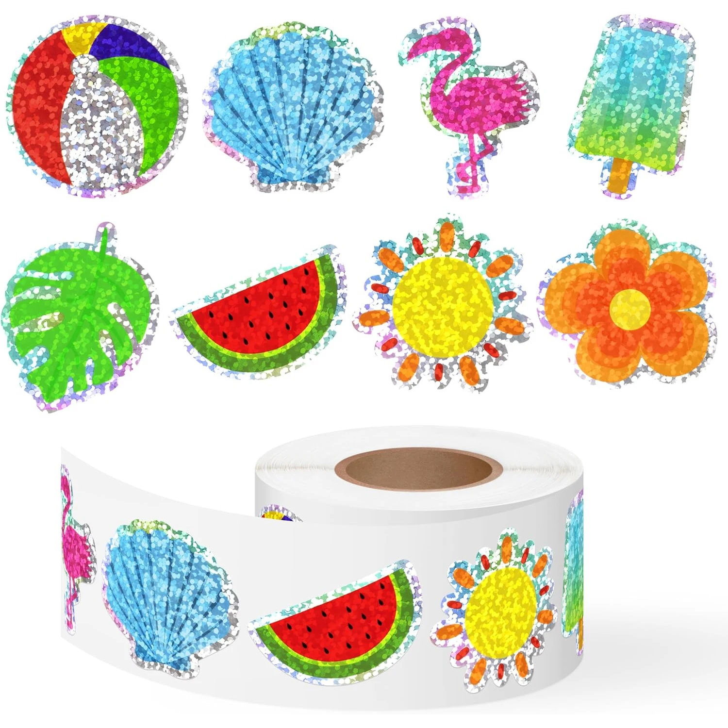 500Pcs Holographic Tropical Summer Stickers Beach Shell Watermelon Sealing Decals for Holiday Party Gift Packaging DIY Craft