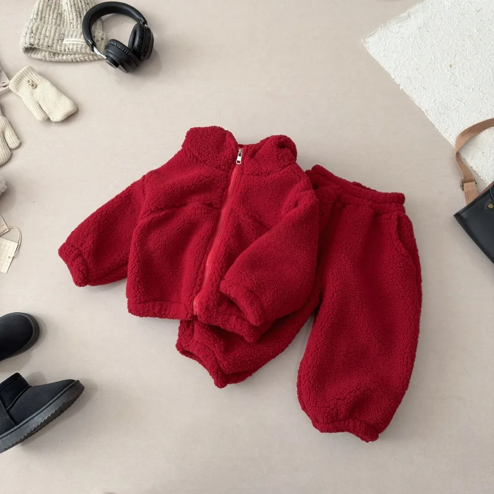 Kids Fleece Lined Warm Lounge Set Thick Cozy Casual Outfit Boys Girls Family Matching Streetwear Wearable Outside