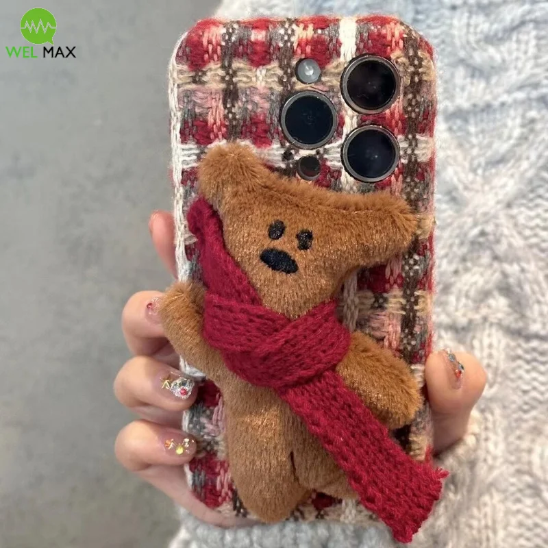 Cute Plush plaid red scarf teddy bear phone case For iPhone 16 15 14 13 12 11 ProMax ShockProof Anti-fall ProtectiveCover winter