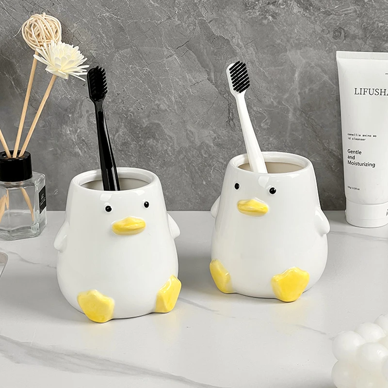 Cute Duck Soap Bottle Gargle Cup Storage Jar Ceramic Bathroom Supplies Household Toothbrush Cup Bathroom Decoration Accessories