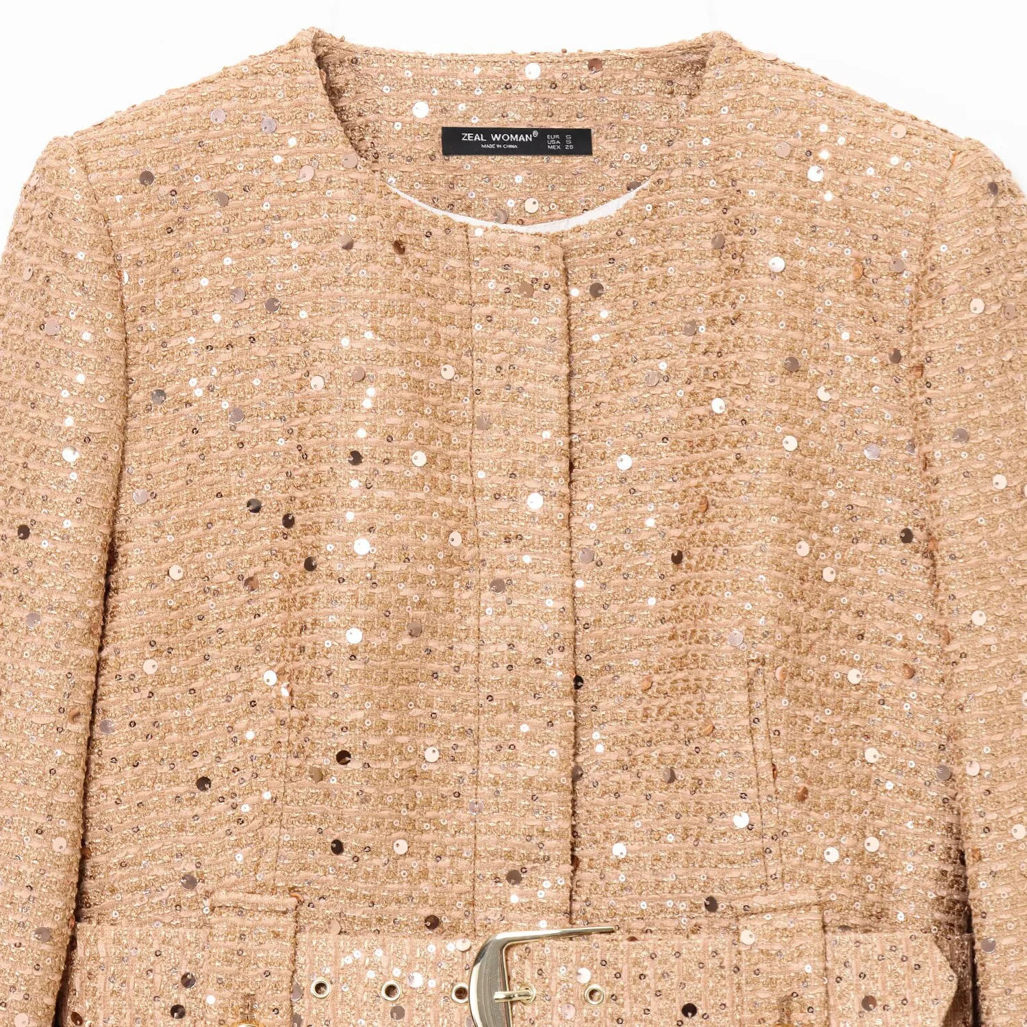 High Street damesbomberjack met pailletten en riem Mode ChicTurn-down kraag Lange mouw Damesjas met enkele rij knopen