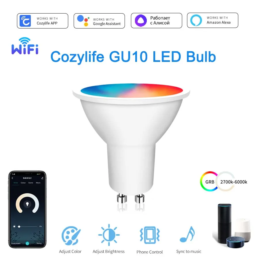 AC85-265V GU10 WiFi Smart Bulb 5/7/9W RGB Dimming Spotlight Indoor Lighting Works with Alexa Google Home Cozylife APP Control