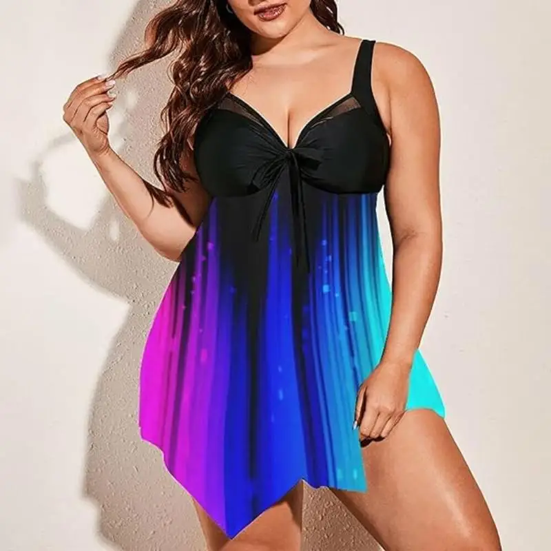 Plus Size Womens Ombre Print Bow Knot Contrast Mesh Tankini Sexy Casual Summer Beach swimsuit