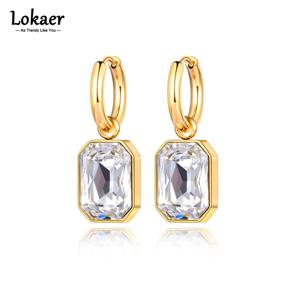 Lokaer Stainless Steel Geometric Square Hoop Earrings Sparkling Cubic Zirconia Crystal Earrings Jewelry For Women серьги E22115