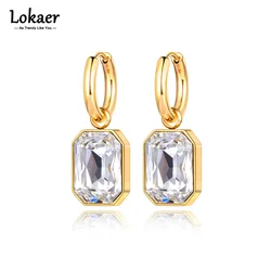 Lokaer Stainless Steel Geometric Square Hoop Earrings Sparkling Cubic Zirconia Crystal Earrings Jewelry For Women серьги E22115