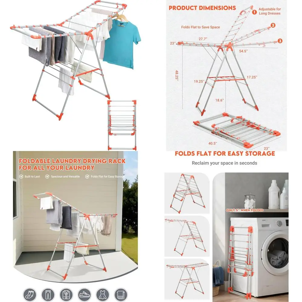 

Adjustable 2-Tier Folding Laundry Drying Rack with Hooks, Heavy-Duty Metal, Suitable for Indoor/Outdoor Use, Orange