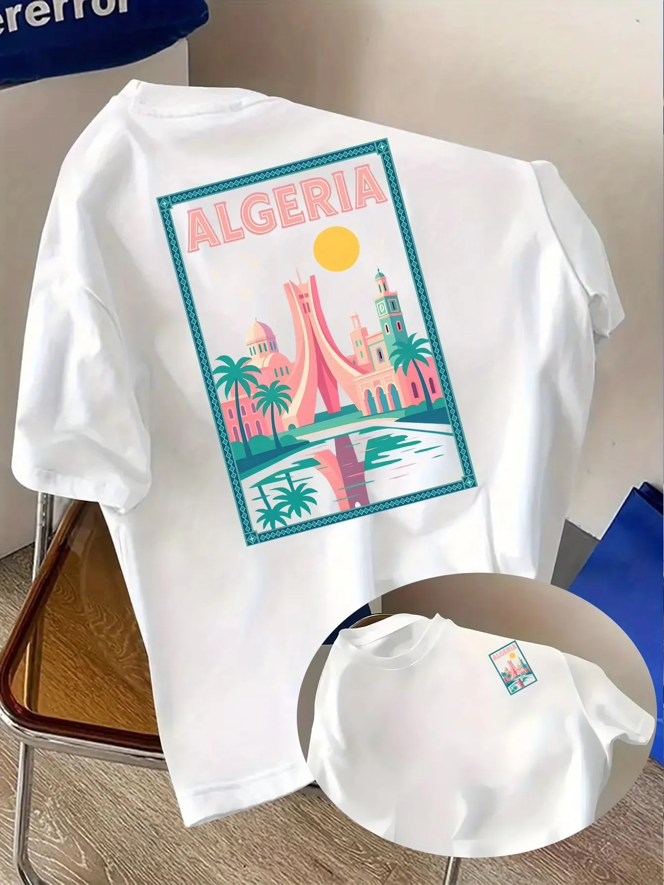 Vibrant Algeria Cityscape Tee with Retro Style Buildings and Palm Tree Print 100% Cotton Men's T-shirt Summer Casual Wear