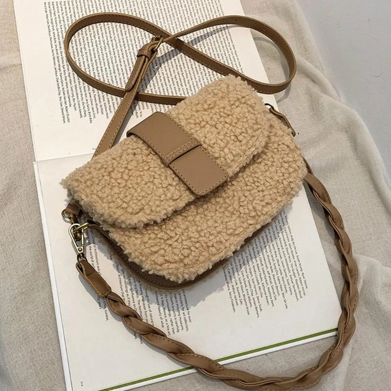X7XC Modern Women Handbag with Weave Strap Plush Bag Stylish Girls Bag Gift
