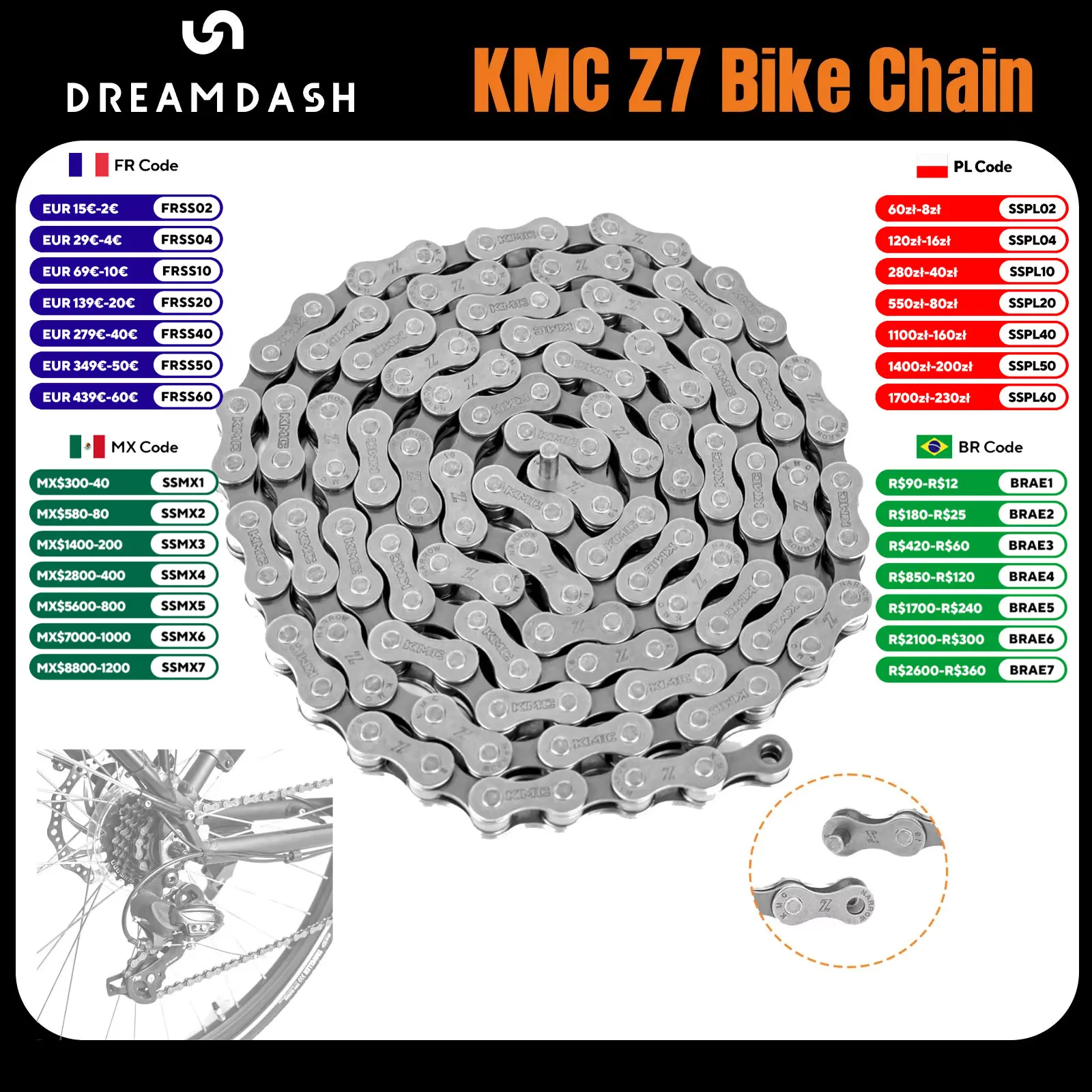 

Dreamdash KMC Z7 MTB Bicycle Chain 7 Speed Mountain Road City Bike Chains 1/2*3/32 124L For 1*7 2*7 3*7 Speed Bicycle Parts