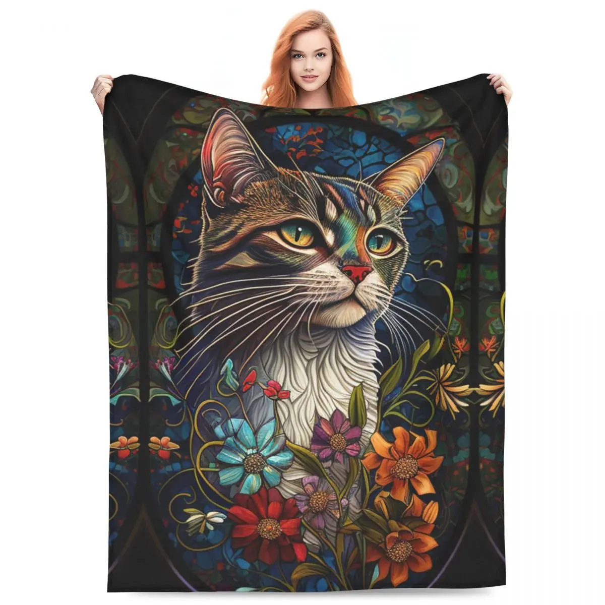 Cat With Flowers Blanket colorful stained glass Airplane Travel Flannel Throw Blanket Super Soft Living Room Design Bedspread