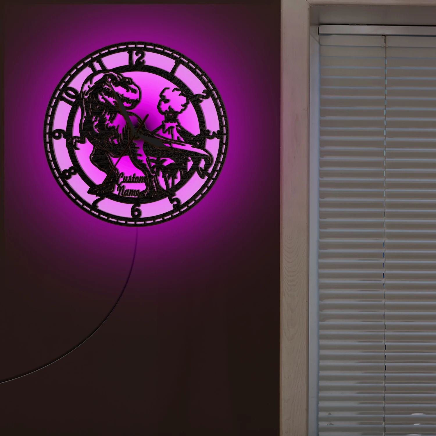 Custom Name T‑Rex Dinosaur LED Wall Clock RGB Color Changing Light Jurassic Silhouette Luminous Wall Clock Kids Room Home Decor
