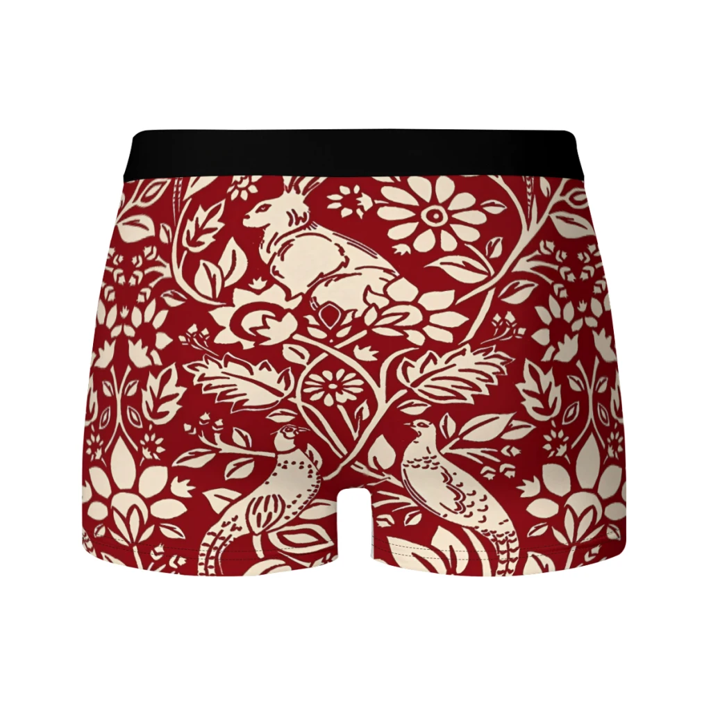 Pheasant and Hare Pattern Deep Red and Cream Breathable milk Silk Boyshorts Elastic Men's Underwear 3D Boxer Shorts Boxer Briefs