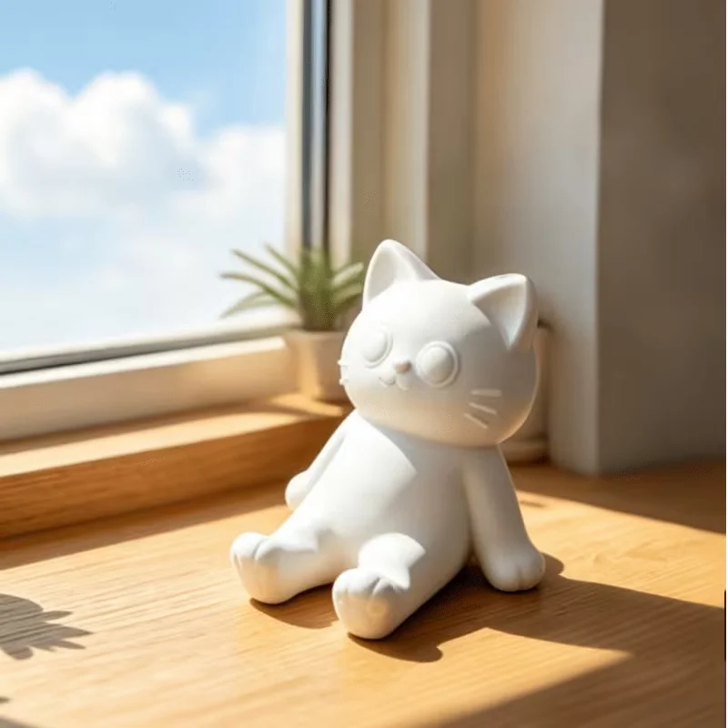 3D Printed White Lazy Sitting Cat Phone Holder Universal Mobile Phone Bracket Window Sill Lovely Animal Shape Desktop Decor