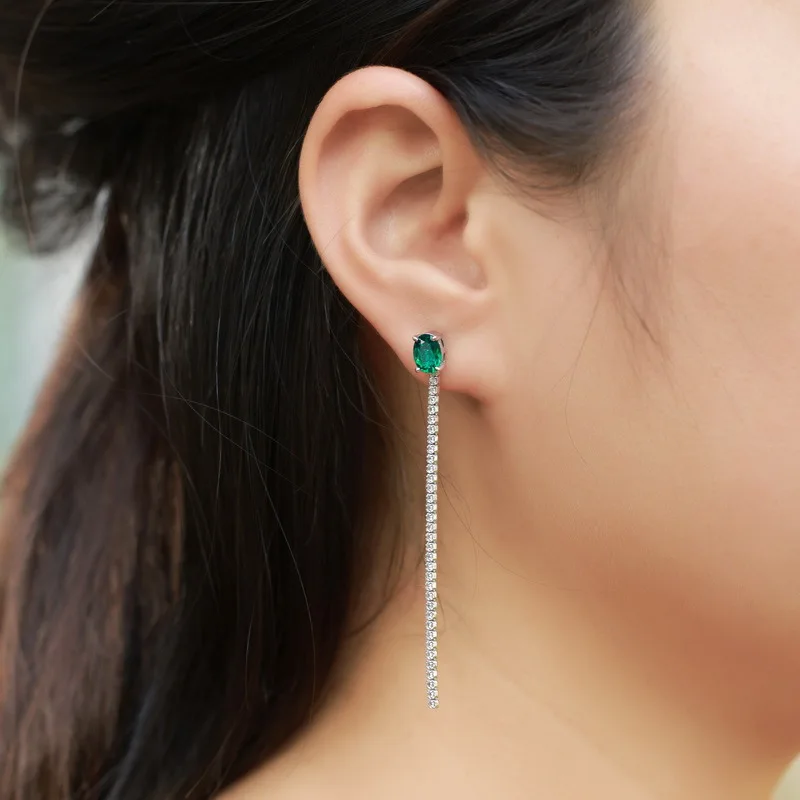 TBCYD البيضاوي الزمرد شرابة الأقراط S925 فضة شرابة الزمرد مع مختبر الأخضر المزروع نمت جوهرة طقم من الحلقان #4