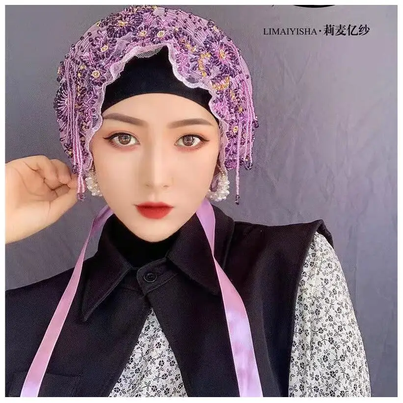 

2022 New Fashion Muslim Hijab Luxury Party Wedding Hat Head Scarf Scarves Women musulman femme Shawl Wrap foulard islamique