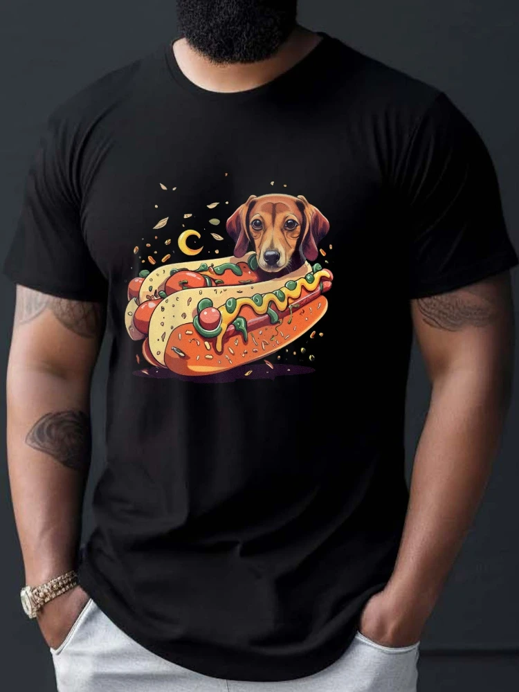 Dachshund Hot Dog Graphic design-100% cotton summer O-neck short sleeve casual printed T-shirt