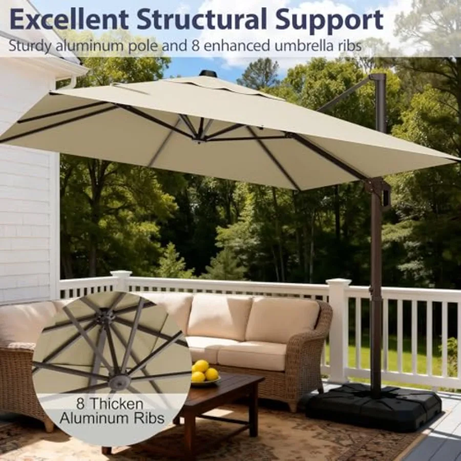 12' Rectangle Patio Umbrella Cantilever Outdoor Umbrella, 6-Level Tilt and 360° Rotation Offset Umbrella for Garden, Deck, Pool