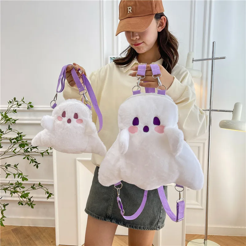 Borsa a tracolla diagonale creativa, carina e divertente con piccolo fantasma Zaino per ragazza Ins Zaino per studenti in peluche super caldo