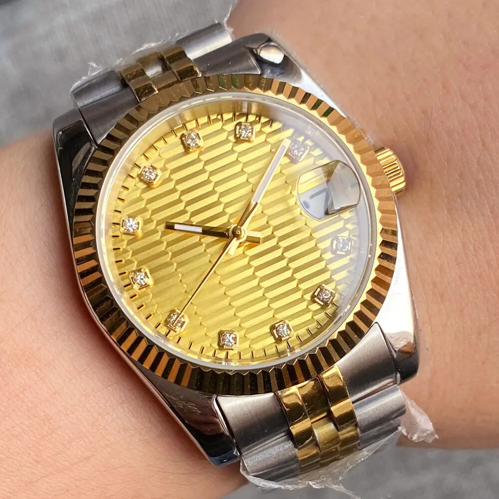 Two Tone Japan NH35A Watch Fit Men Bliger 36mm/39mm Fluted Bezel Sapphire Crystal Date Rose Gold/Yellow Gold waffle Dial Luxury