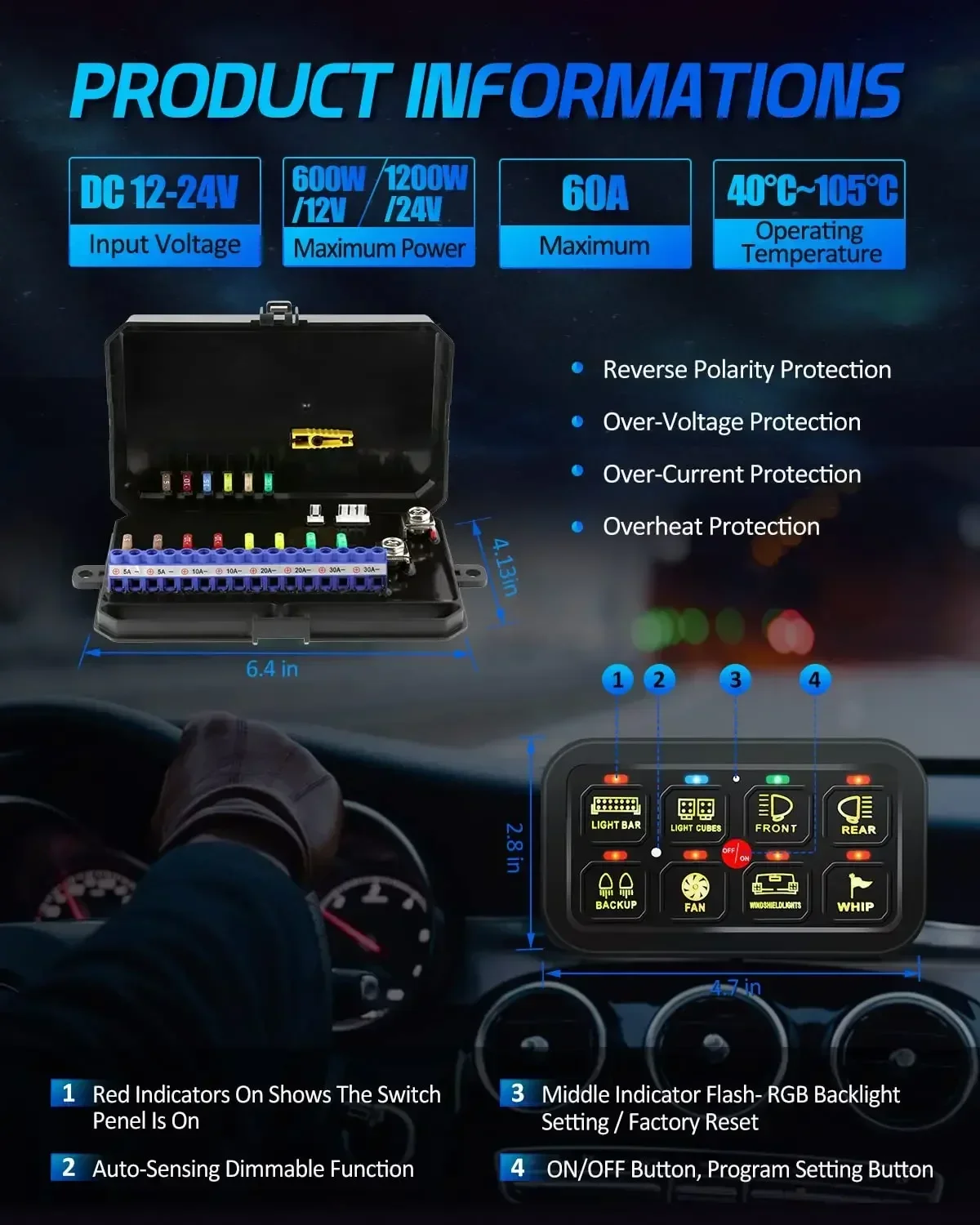 RGB 8 Gang Switch Panel 12V 24V Toggle Momentary Pulsed Multifunction bluetooth APP On-off Switch Controller for Car ATV Boat