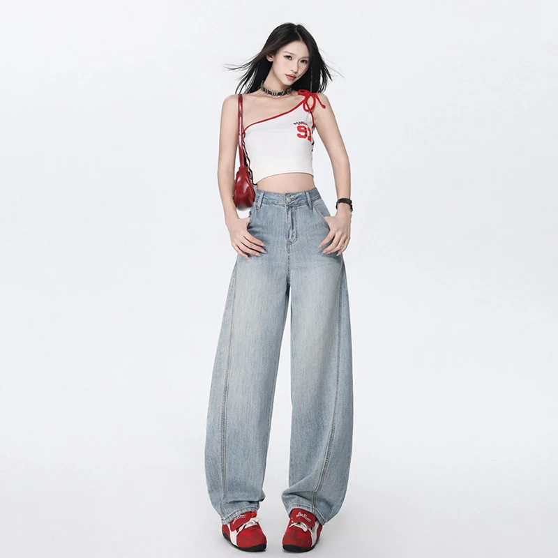 

New Autumn Winter Fashion Women Jeans Retro Wide Leg Trousers Loose Fit Denim Pants High Waist Straight Comfort Stretch