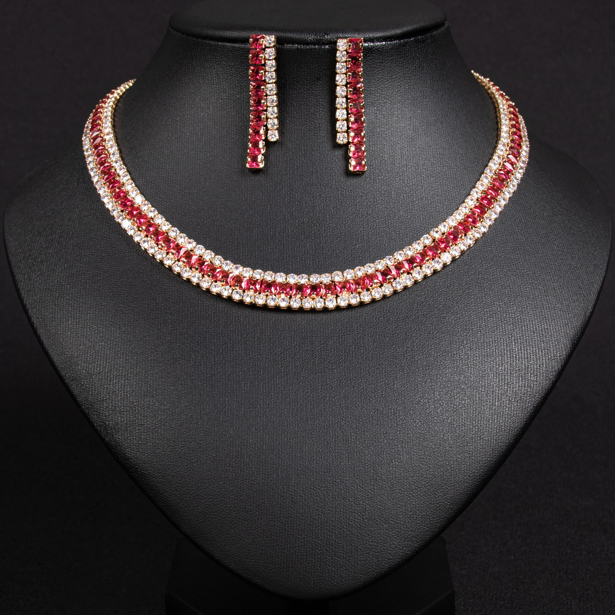 European and American fashion cubic zirconia necklace earring jewelry set for women's weddings